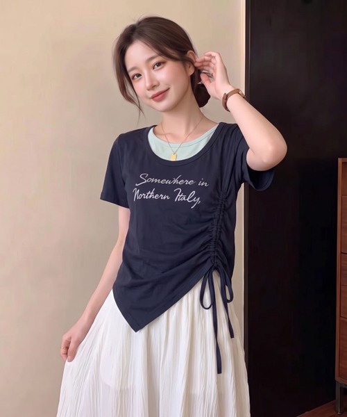 Girly Doll(ガーリードール)の「フェイクツーピースサイドギャザーロゴTシャツ(Tシャツ/カットソー・レディース・ネイビー/グレー/ブルー/ホワイト・M/L)」の9枚目の写真