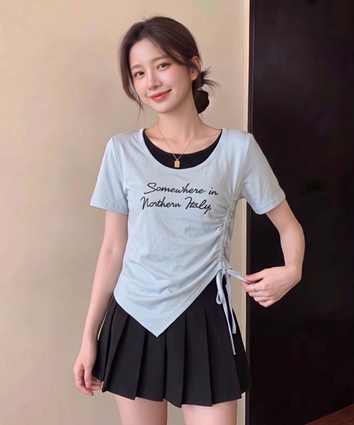 Girly Doll(ガーリードール)の「フェイクツーピースサイドギャザーロゴTシャツ(Tシャツ/カットソー・レディース・ネイビー/グレー/ブルー/ホワイト・M/L)」の10枚目の写真