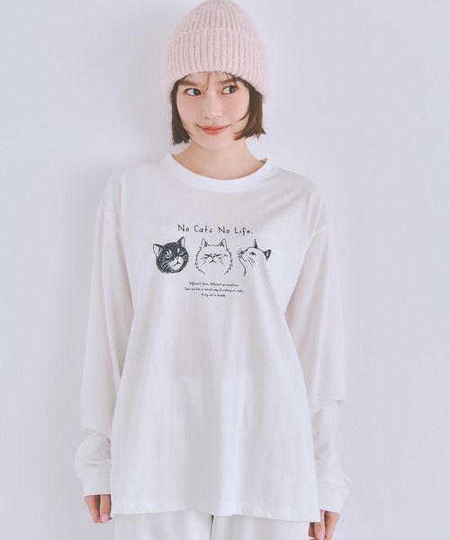 COLORME(カラーミー)の「【野崎智子着用】“No Cats No Life.” イラストロンT(ユニセックス)(Tシャツ/カットソー・レディース・ブラウン/ホワイト・FREE)」の2枚目の写真