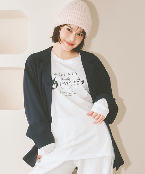COLORME(カラーミー)の「【野崎智子着用】“No Cats No Life.” イラストロンT(ユニセックス)(Tシャツ/カットソー・レディース・ブラウン/ホワイト・FREE)」の4枚目の写真