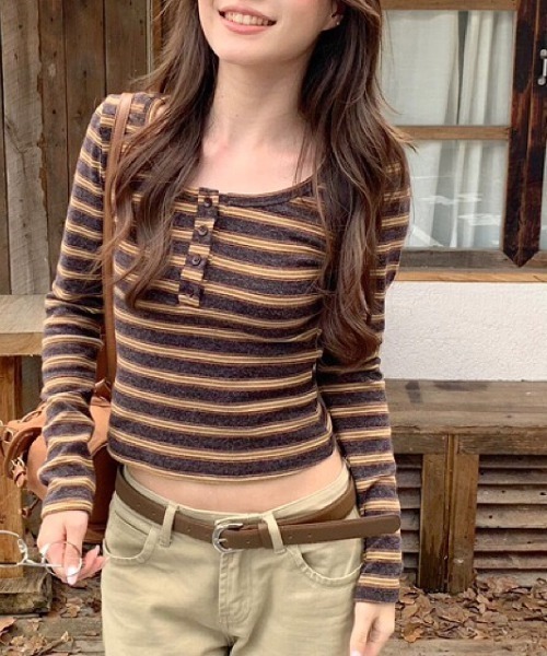 SHEENA(シーナ)の「ボーダーヘンリーネックロンT(Tシャツ/カットソー・レディース・ダークブラウン/グレー・M)」の16枚目の写真