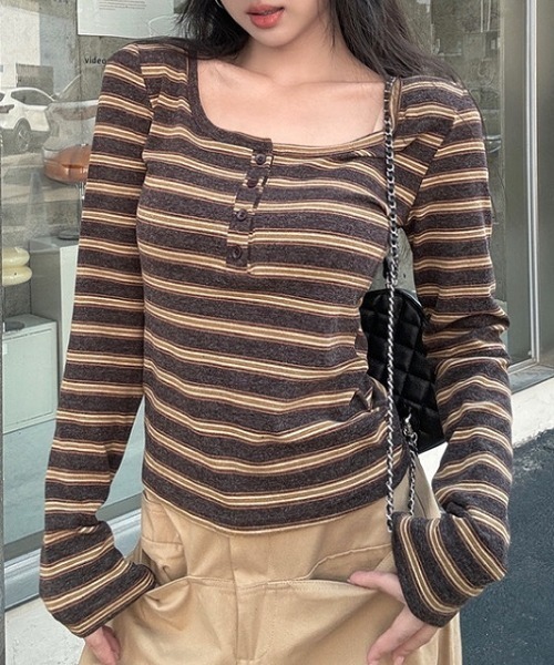 SHEENA(シーナ)の「ボーダーヘンリーネックロンT(Tシャツ/カットソー・レディース・ダークブラウン/グレー・M)」の17枚目の写真