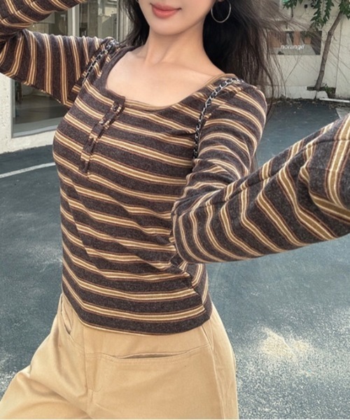 SHEENA(シーナ)の「ボーダーヘンリーネックロンT(Tシャツ/カットソー・レディース・ダークブラウン/グレー・M)」の18枚目の写真