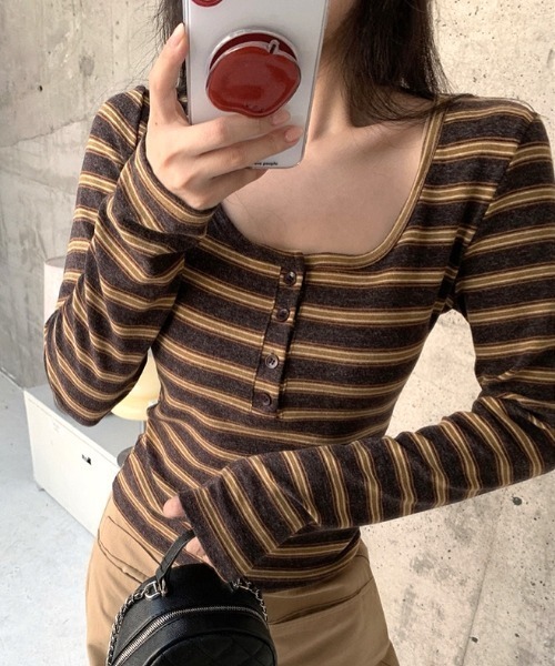 SHEENA(シーナ)の「ボーダーヘンリーネックロンT(Tシャツ/カットソー・レディース・ダークブラウン/グレー・M)」の8枚目の写真