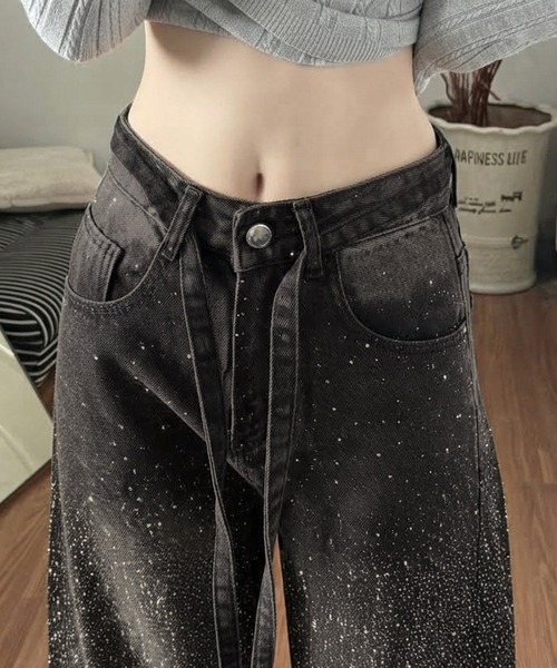 core core（コアコア）の「キラキララインストーンデニムワイドパンツ（デニムパンツ・レディース・ブラック・L/M/S）」の3枚目の写真