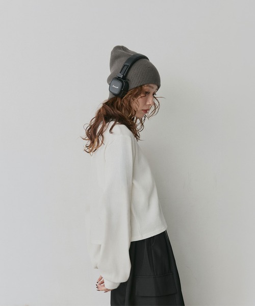 ad thie（アドティエ）の「ショート丈 バイカラー ヘンリーネック ワッフル プルオーバー（Tシャツ/カットソー・レディース・オフホワイト/ライトブルー/ブラウン/杢グレー・FREE）」の9枚目の写真