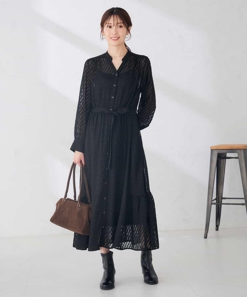 a.v.v（アーヴェヴェ）の「【洗える】シアー ジャカード スキッパー ワンピース（ワンピース・レディース・ネイビー/ブラック・38/40）」の7枚目の写真
