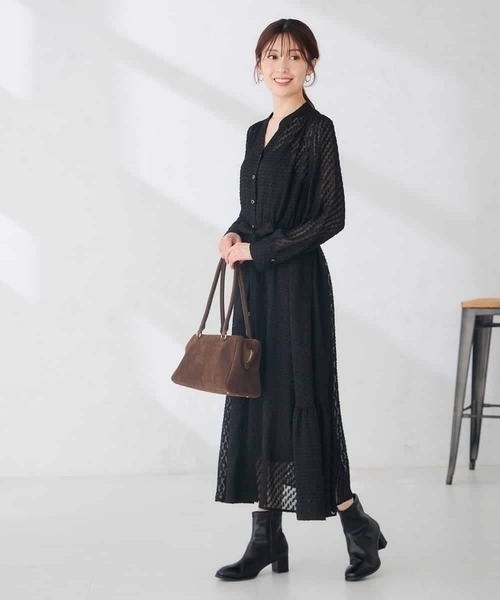 a.v.v（アーヴェヴェ）の「【洗える】シアー ジャカード スキッパー ワンピース（ワンピース・レディース・ネイビー/ブラック・38/40）」の9枚目の写真