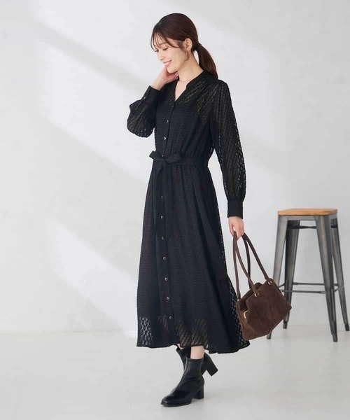 a.v.v（アーヴェヴェ）の「【洗える】シアー ジャカード スキッパー ワンピース（ワンピース・レディース・ネイビー/ブラック・38/40）」の10枚目の写真