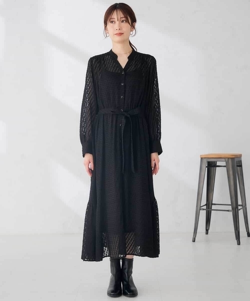 a.v.v（アーヴェヴェ）の「【洗える】シアー ジャカード スキッパー ワンピース（ワンピース・レディース・ネイビー/ブラック・38/40）」の15枚目の写真