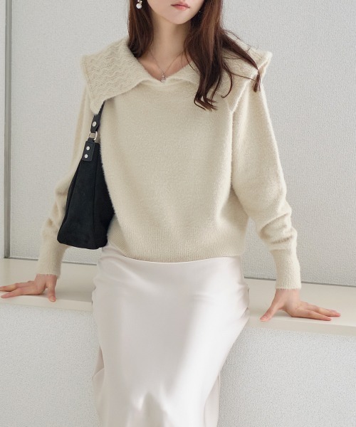 Rejoule(リジュール)の「モヘアタッチ ビッグカラーニットトップス(ニット/セーター・レディース・モカ/ブラック/ホワイト/ベージュ・FREE)」の17枚目の写真