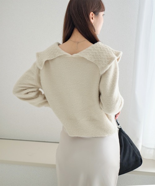 Rejoule(リジュール)の「モヘアタッチ ビッグカラーニットトップス(ニット/セーター・レディース・モカ/ブラック/ホワイト/ベージュ・FREE)」の19枚目の写真