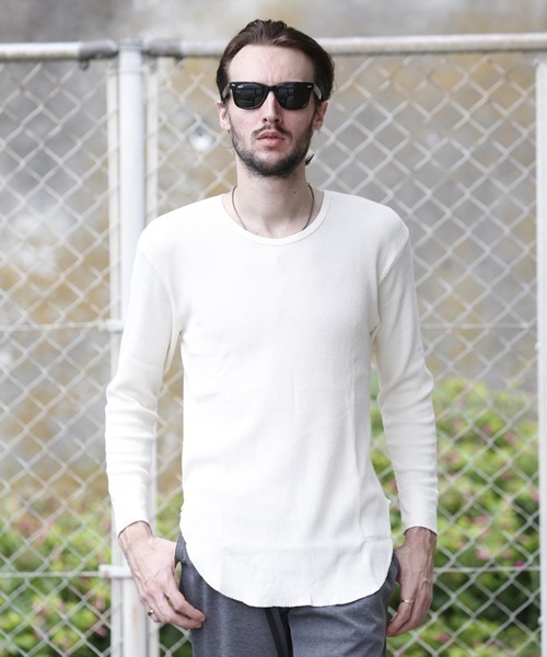 NOT RIGID(ノットリジット)の「【BS】ワッフルロング丈長袖カットソー(Tシャツ/カットソー・メンズ・ブラック/ライトピンク/ネイビー/ホワイト/杢グレー/アイボリー・MEDIUM/LARGE)」の1枚目の写真