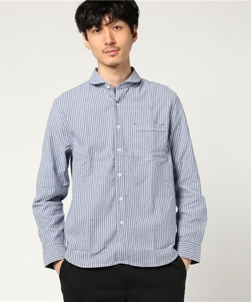 Taka Q タカキュー の タカキューメンズ Taka Q Men ストレッチインディゴ調ストライプラウンドカラーシャツ シャツ ブラウス Wear