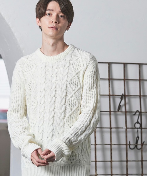 MONO-MART(モノマート)の「オーバーサイズアラン編みクルーネックケーブルニットセーター2019-2020WINTER(MONO-MART)(ニット/セーター)」|オフホワイト