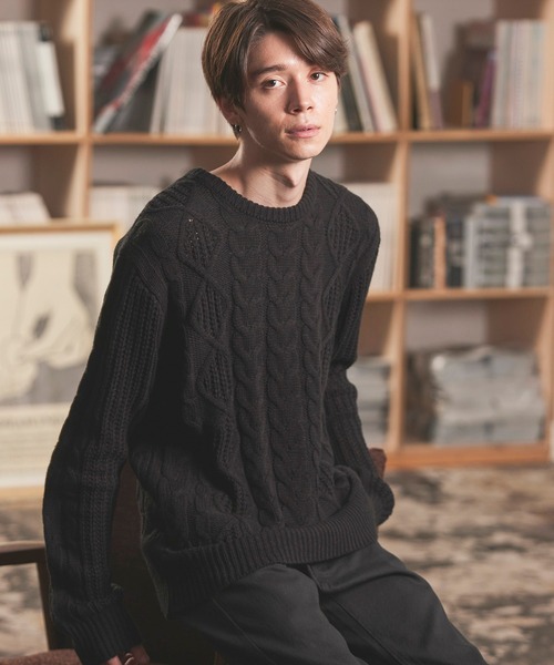MONO-MART(モノマート)の「オーバーサイズアラン編みクルーネックケーブルニットセーター2019-2020WINTER(MONO-MART)(ニット/セーター)」|ブラック