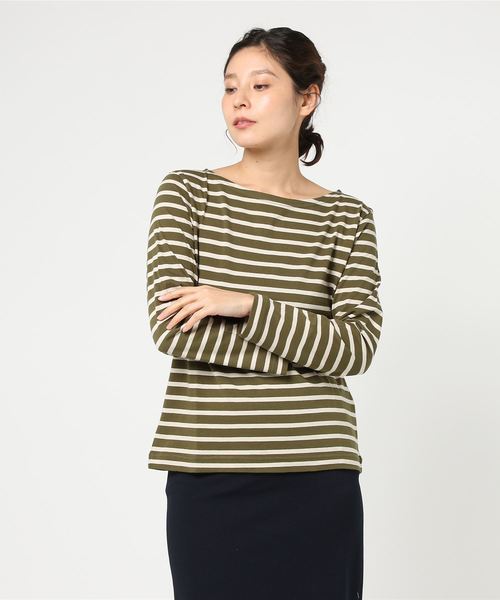 MHL.（エムエイチエル）の「NAVAL STRIPE JERSEY（Tシャツ/カットソー・レディース・オフホワイト/ブラック/グリーン・2）」の4枚目の写真