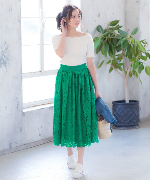 KOBE LETTUCE(コウベレタス)の「ミディ丈総レースフレアスカート【セットアップOK】(スカート・レディース・ブラック/ネイビー/グリーン/ライトパープル/グレイッシュベージュ/コーラルピンク・FREE)」の17枚目の写真