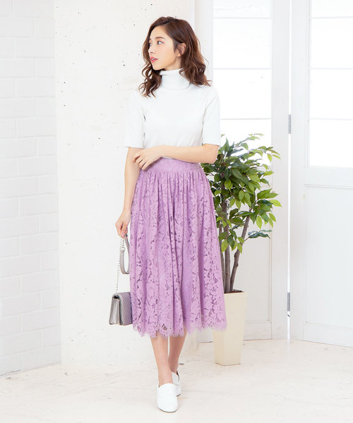 KOBE LETTUCE(コウベレタス)の「ミディ丈総レースフレアスカート【セットアップOK】(スカート・レディース・ブラック/ネイビー/グリーン/ライトパープル/グレイッシュベージュ/コーラルピンク・FREE)」の11枚目の写真