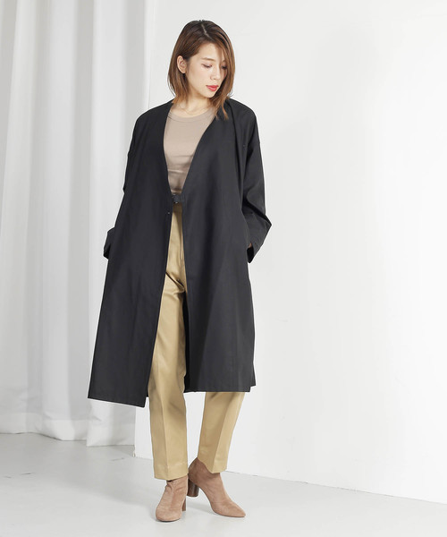 kha:ki（カーキ）の「「KHA:KI / カーキ」ノーカラーベルテッドコート"COLLARLESS BELTED COAT"（ダウンジャケット/コート・レディース・ブラック/ベージュ/カーキ・1）」の10枚目の写真