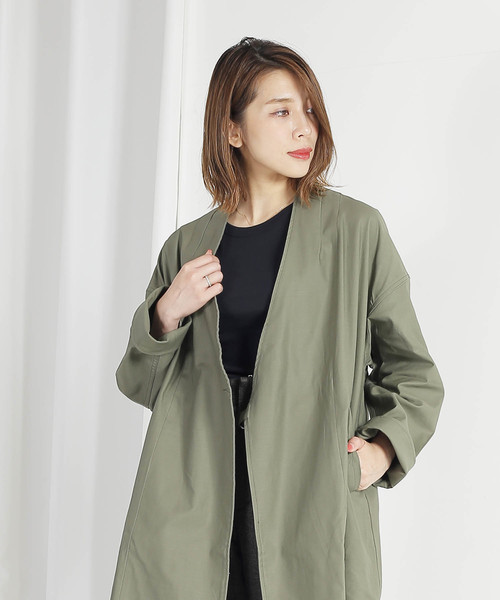 kha:ki（カーキ）の「「KHA:KI / カーキ」ノーカラーベルテッドコート"COLLARLESS BELTED COAT"（ダウンジャケット/コート・レディース・ブラック/ベージュ/カーキ・1）」の16枚目の写真