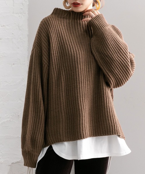 Newlyme(ニューリーミー)の「ボトルネックバルーンスリーブ畦ニットトップス(ニット/セーター・レディース・チャコールグレー/ブラック/ベージュ/パープル/オフホワイト/ブルー/ボルドー/モカ/ブラック×ホワイト/ピンク系その他/ライトベージュ/カーキ/オレンジ/ライム/ダークブルー/ブラウン/グレー/ピンクベージュ/コバルトブルー/ライトパープル/イエロー・MEDIUM/LARGE/SMALL/XX-LARGE/X-LARGE)」の7枚目の写真