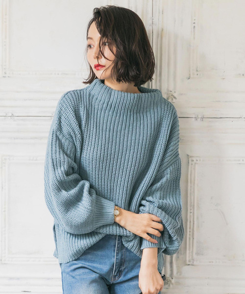 Newlyme(ニューリーミー)の「ボトルネックバルーンスリーブ畦ニットトップス(ニット/セーター・レディース・チャコールグレー/ブラック/ベージュ/パープル/オフホワイト/ブルー/ボルドー/モカ/ブラック×ホワイト/ピンク系その他/ライトベージュ/カーキ/オレンジ/ライム/ダークブルー/ブラウン/グレー/ピンクベージュ/コバルトブルー/ライトパープル/イエロー・MEDIUM/LARGE/SMALL/XX-LARGE/X-LARGE)」の12枚目の写真