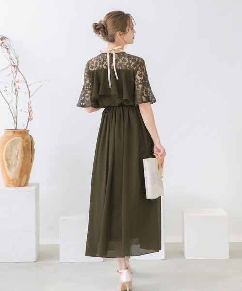 オリーブ フリル付き パーティードレス PourVous ドレス ギャザースリーブ パーティードレス 大きいサイズ七分