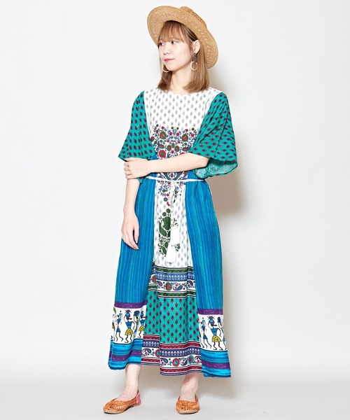 チャイハネ(チャイハネ)の「【チャイハネ】フォークロアパッチワークプリントワンピース(ワンピース・レディース・ブルー/オレンジ/カーキ・FREE)」の3枚目の写真