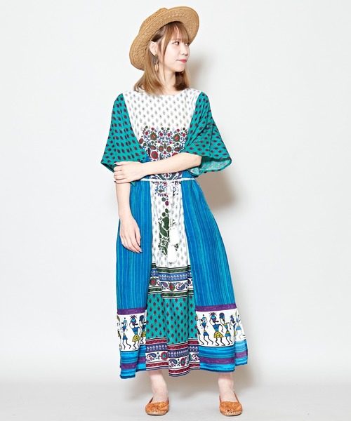 チャイハネ(チャイハネ)の「【チャイハネ】フォークロアパッチワークプリントワンピース(ワンピース・レディース・ブルー/オレンジ/カーキ・FREE)」の15枚目の写真