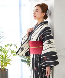 Ninarobe（ニーナローブ）の「浴衣セット レディース モノトーン×桜 ストライプ 縦縞 レトロ 大人 ゆかた2点セット 浴衣 作り帯（浴衣）」