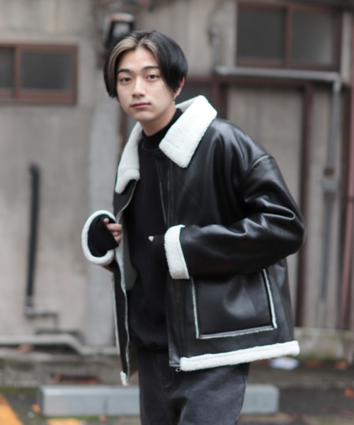 CREARE -LINO-(クレアーレリノ)の「ビッグシルエット ボアレザーブルゾン(ブルゾン・メンズ・ブラック・FREE)」の2枚目の写真