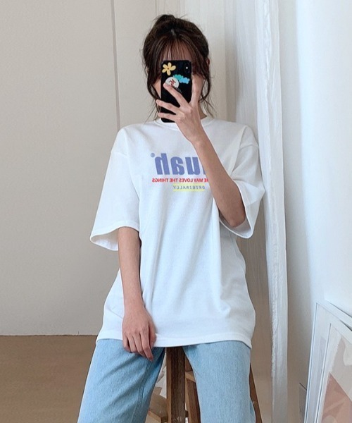 muahmuah(ムーアムーア)の「『muah muah/ムーアムーア』HALF LOWER PRINTING T-SHIRT/ハーフロワープリント 半袖Tシャツ(Tシャツ/カットソー・レディース・ライトパープル/イエロー/ブラック/ホワイト/ネイビー/ブルー・FREE)」の8枚目の写真
