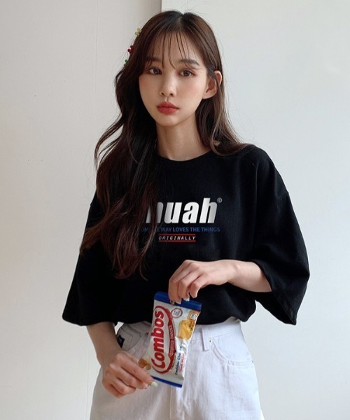 muahmuah(ムーアムーア)の「『muah muah/ムーアムーア』HALF LOWER PRINTING T-SHIRT/ハーフロワープリント 半袖Tシャツ(Tシャツ/カットソー・レディース・ライトパープル/イエロー/ブラック/ホワイト/ネイビー/ブルー・FREE)」の12枚目の写真