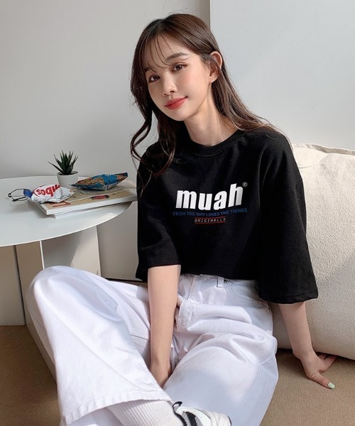 muahmuah(ムーアムーア)の「『muah muah/ムーアムーア』HALF LOWER PRINTING T-SHIRT/ハーフロワープリント 半袖Tシャツ(Tシャツ/カットソー・レディース・ライトパープル/イエロー/ブラック/ホワイト/ネイビー/ブルー・FREE)」の14枚目の写真