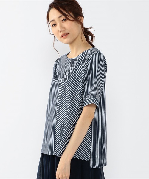 A/C DESIGN BY ALPHA CUBIC(エーシーデザインバイアルファキュービック)の「ジャガードストライププルオーバー(Tシャツ/カットソー・レディース・オフホワイト/ネイビー/ブルー・M/L)」の1枚目の写真
