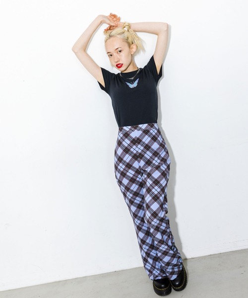 X-girl（エックスガール）の「DIAMOND PLAID FLARE PANTS（その他パンツ・レディース・ブラック/ライトグリーン/ライトブルー・S/XS/M）」の7枚目の写真