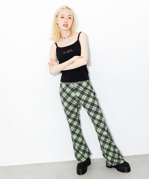 新品【あいみょん着用】X-girl チェックフレアパンツM グリーン緑レディース X-girl（エックスガール）の「DIAMOND PLAID FLARE PANTS