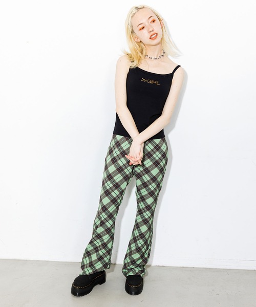 新品【あいみょん着用】X-girl チェックフレアパンツM グリーン緑レディース 新品【あいみょん着用】X-girl チェックフレアパンツM グリーン