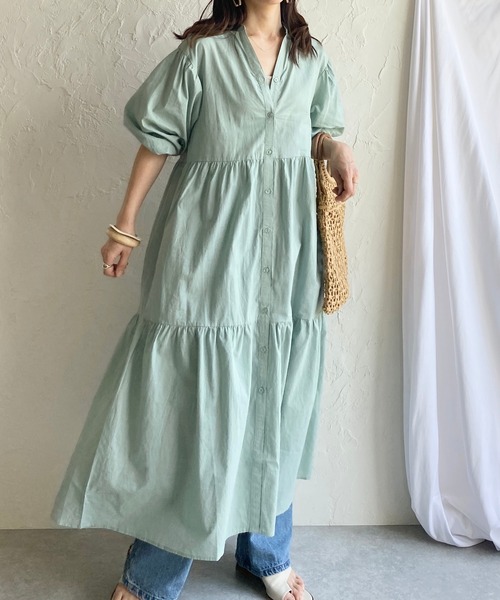 She's Closet(シーズクローゼット)の「半袖ボリュームロングティアードワンピース(シャツワンピース・レディース・ブラック/ベージュ/パープル/オフホワイト/ミント・FREE)」の4枚目の写真