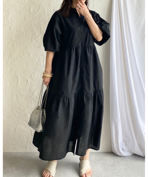 She's Closet(シーズクローゼット)の「半袖ボリュームロングティアードワンピース(シャツワンピース・レディース・ブラック/ベージュ/パープル/オフホワイト/ミント・FREE)」の9枚目の写真