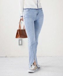 スリット入り ストレッチ ストレートデニムパンツ