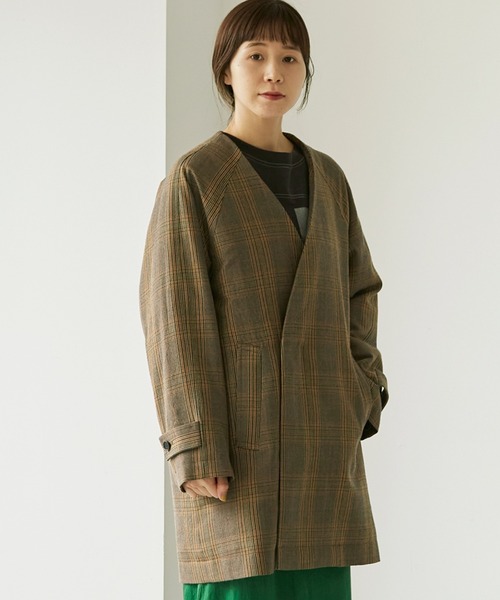 note et silence (ノートエシロンス)の「Woolギャバ近江晒エボダウン ジャケットコート(ノーカラージャケット・レディース・チェック/チャコールグレー・FREE)」の15枚目の写真