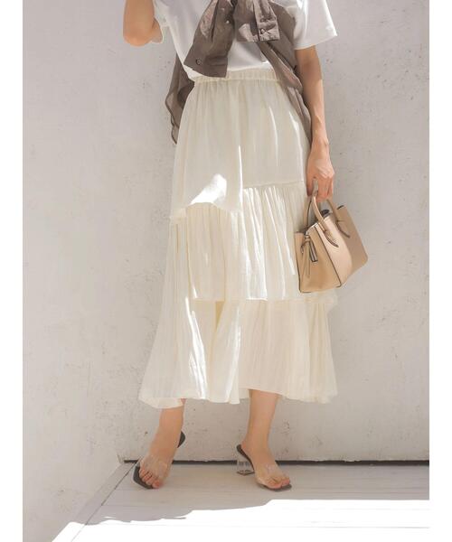 AMERICAN HOLIC（アメリカンホリック）の「ワッシャーサテン切り替えティアードスカート（スカート・レディース・アイボリー/モカ・L/M）」の4枚目の写真