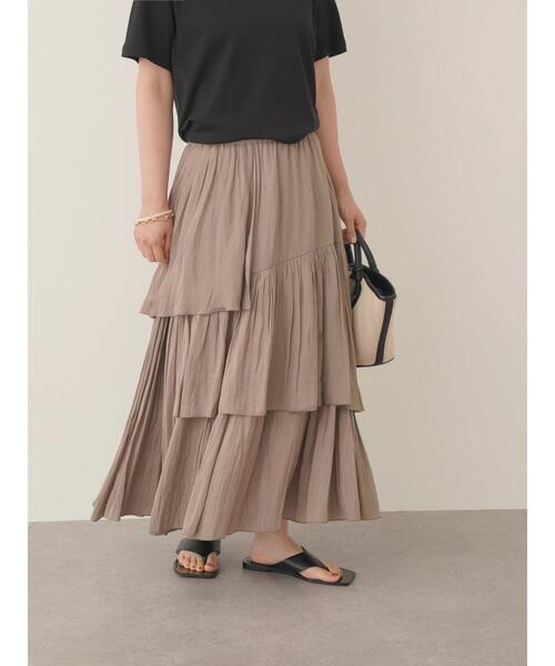 AMERICAN HOLIC（アメリカンホリック）の「ワッシャーサテン切り替えティアードスカート（スカート・レディース・アイボリー/モカ・L/M）」の3枚目の写真