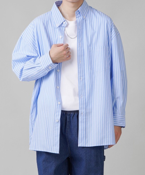 SPINNS(スピンズ)の「【ビッグシルエット】ストライプオーバーサイズ長袖シャツ(シャツ/ブラウス・メンズ・サックスブルー/ブルー/ミント/ブルー系その他・ONESIZE)」の1枚目の写真