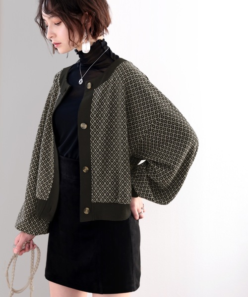 classicalelf(クラシカルエルフ)の「レトロが気分。袖ぽわん2wayジャガードニットカーデ(カーディガン/ボレロ・レディース・チェック/ブラック系その他・LARGE/MEDIUM)」の12枚目の写真