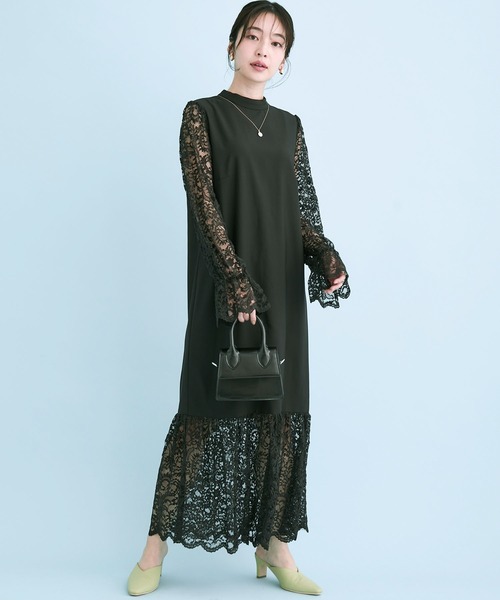 【DRESS】レース袖ドッキングワンピース