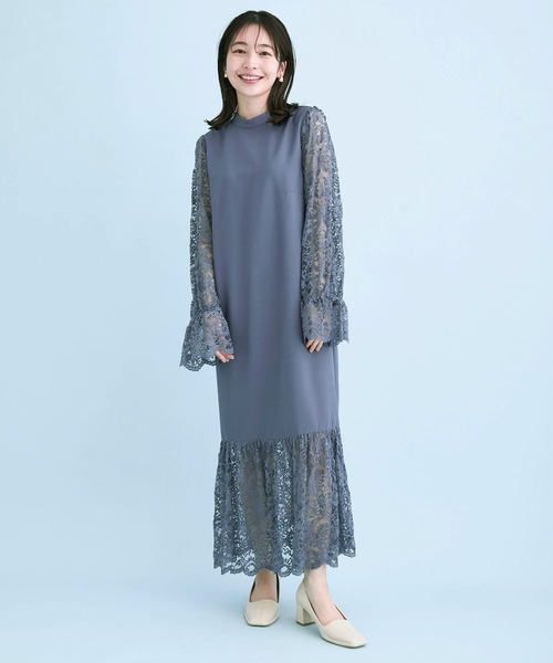 【DRESS】レース袖ドッキングワンピース