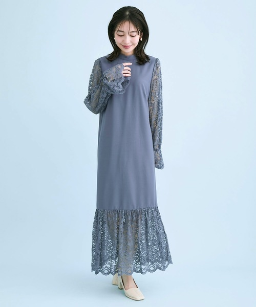 【DRESS】レース袖ドッキングワンピース